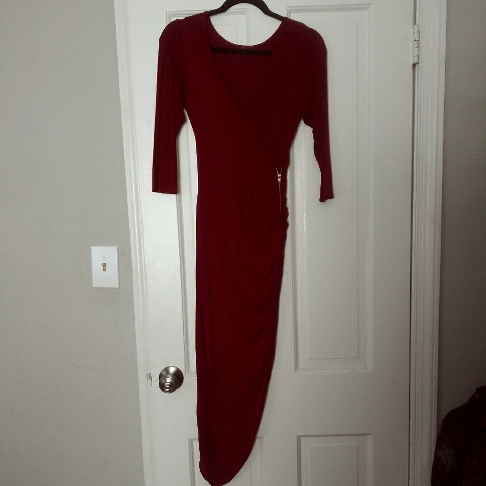 Burgundy/Maroon Side Split Zip Dress